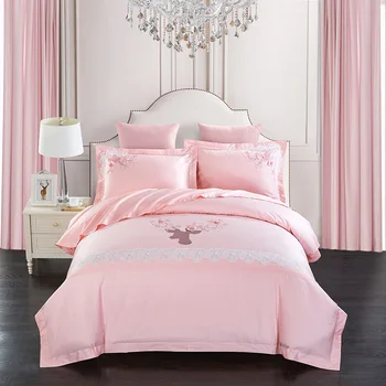 

Egyptian Cotton Bedding Set Pink Elk Embroidery Duvet Cover Sets Soft Bed Linen Flat Bed Sheet Set Pillowcase bed cover