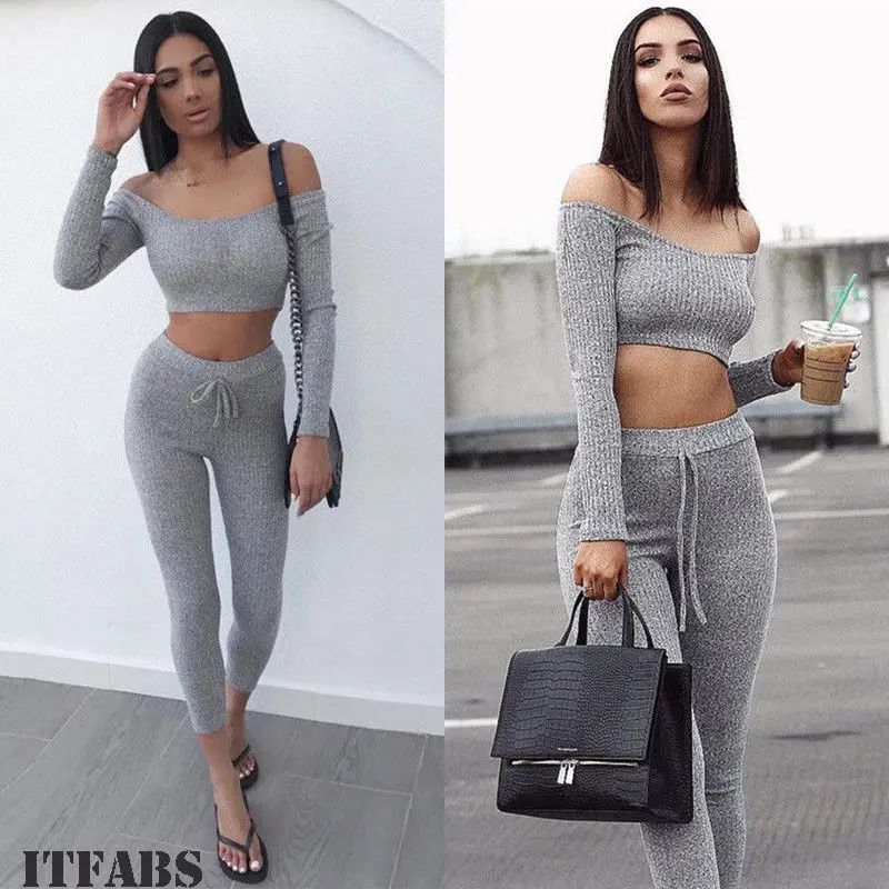 

2019 2PC Women Long Sleeves Bodycon Party Sports Casual Club Party Jumpsuit