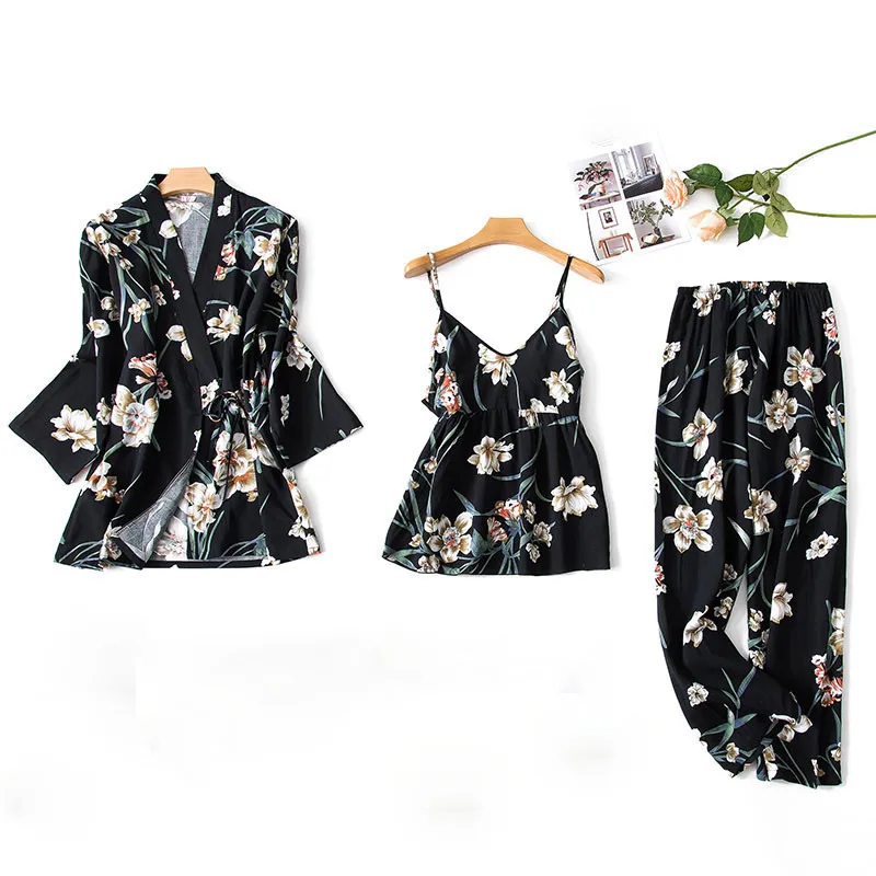 

Print Women Pajamas Sleepwear Nightwear Long Trousers 3PC Set