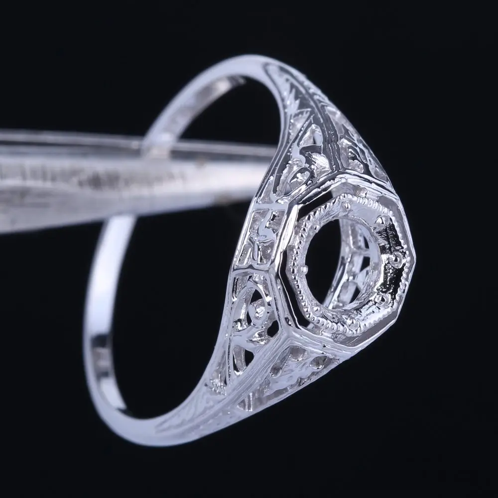 Sterling Silver 925 Roun 7-8mm Diamonds Semi Mount Setting Filigree Vintage Ring 