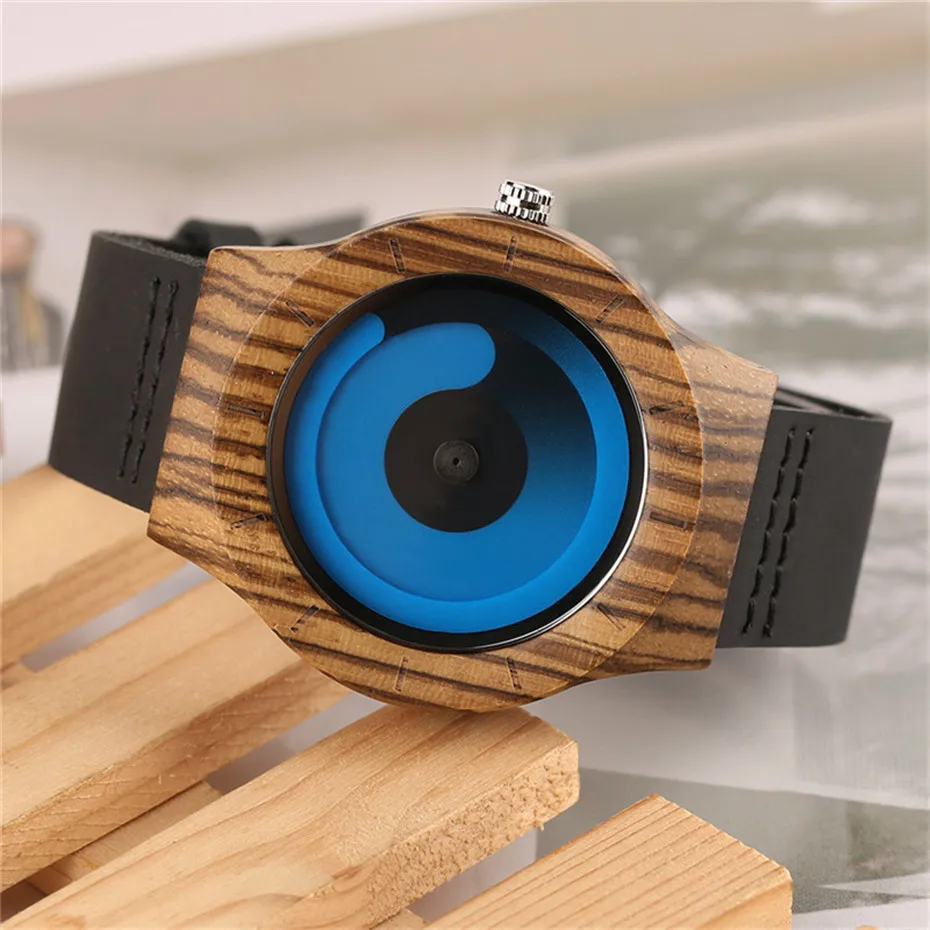 Creative Gradual Color Turntable Handmade Genuine Leather Band Strap Nature Wood Swirl Dial Quartz Wrist Watch Male Sports Clock (10)