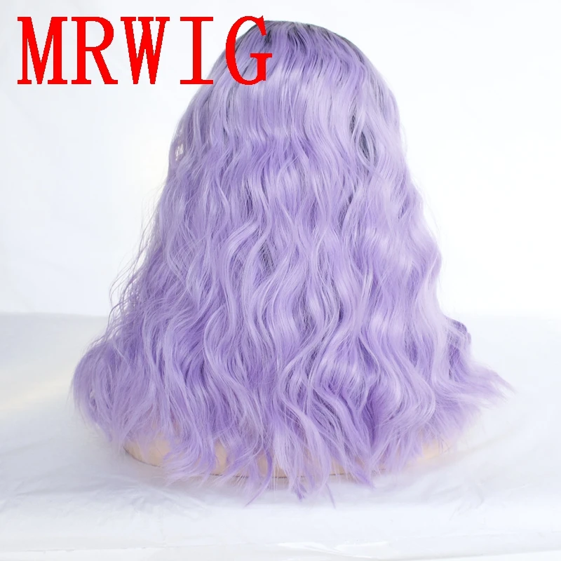 MRWIG Short Dark Roots Short Curly Ombre Purple 16in 320gG Middle Part Synthetic Lace Front Wig for Woman