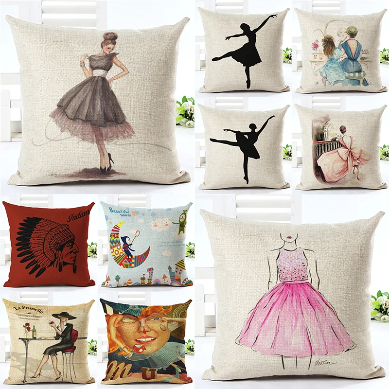 Character Printed Ballet Cushion Cover 45x45cm Linen Beauty Girls Throw Pillow Covers Zara*Woman Pillows Decoration Pillowcases