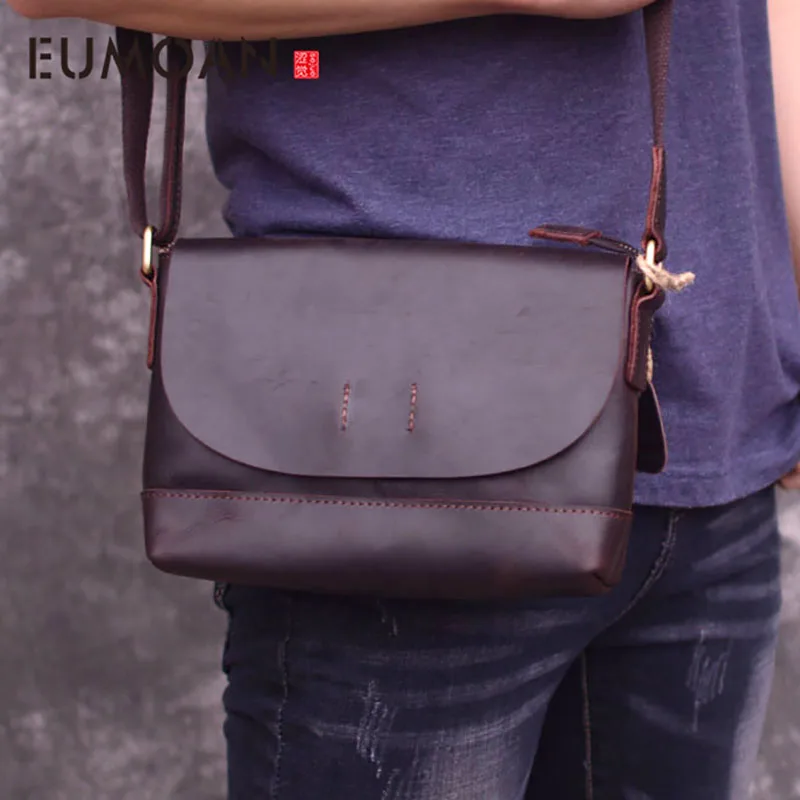 EUMOAN Handmade men's shoulder bag, men's casual head layer cowhide slant bag, vintage leather horse small bag