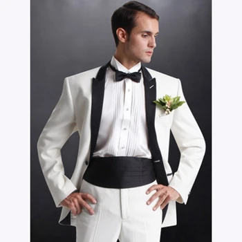 

White Groom Mens Suits Tuxedos 2018 Groomsmen Wedding Party black lapel Men Suit Blazer terno masculino (Jacket+Pants+Girdle)