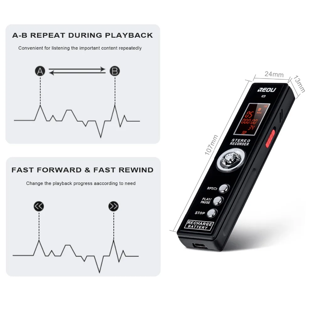 

Digital Voice Activated Recorder, REOU 8GB Sound Audio Recorder Dictaphone for Lectures Meetings, MP3 Player with Line-in Record