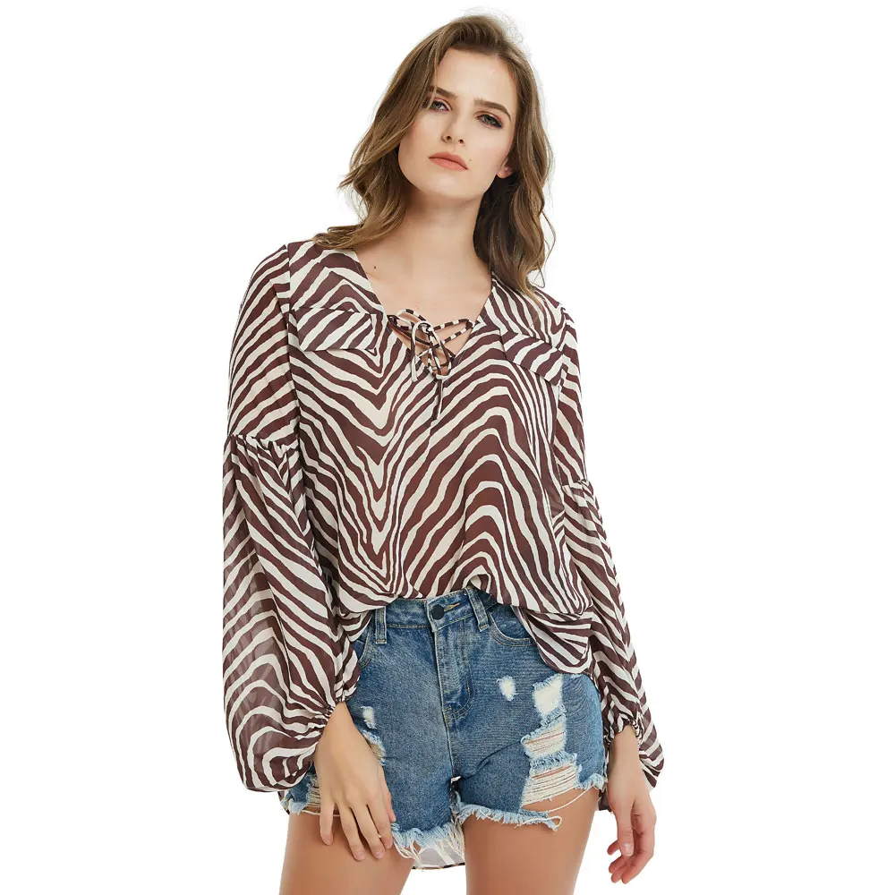 

Zebra Stripe Printed Blouses Women Fashion Bell Long Sleeve Shirts Blouses Women Elegant V Neck Tops Balloon Sleeve Blouse CL01