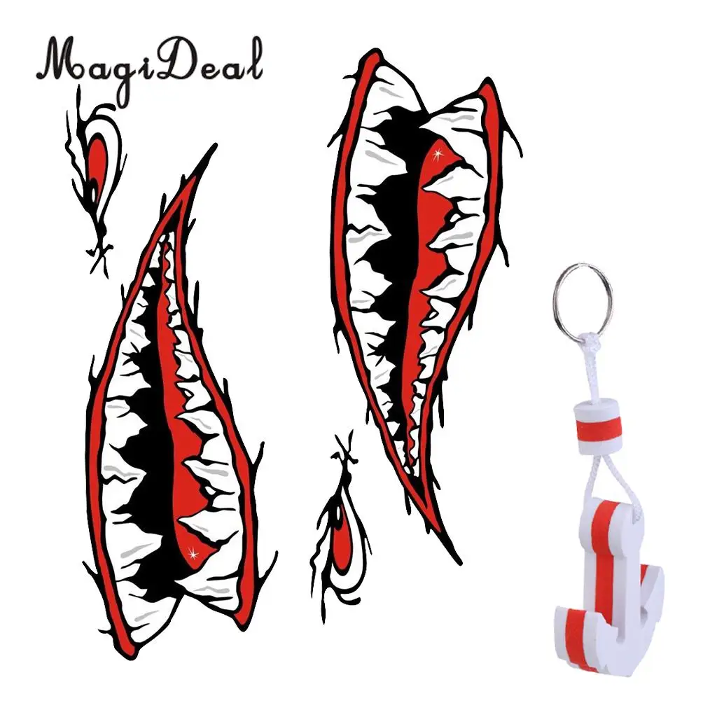 MagiDeal 2x Shark Teeth Mouth Decal Stickers Kayak Canoe Jet Ski Hobbie Ocean Boat + White Anchor Floating Key Ring Key Float