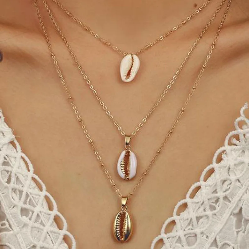 

Three Layers of Shell Pendant Necklace Natural Shell Gold Cowrie Women Best Friend Cowry Seashell Necklace Bohemian Jewelry