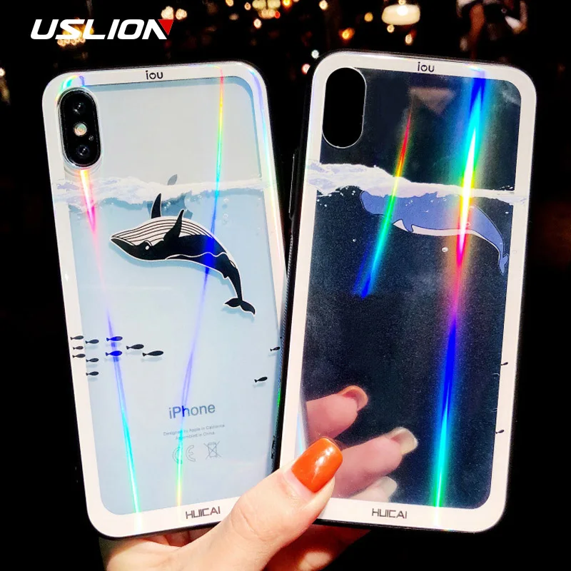 USLION блеск лазерной стекло для iPhone чехол, Панели телефона с рисунком iPhone X 8 7 Plus Фламинго Дельфин цветочный узор прозрачная крышка USLION блеск лазерной стекло для iPhone чехол, Панели телефона с рисунком iPhone X 8 7 Plus Фламинго Дельфин цветочный узор прозрачная крышка