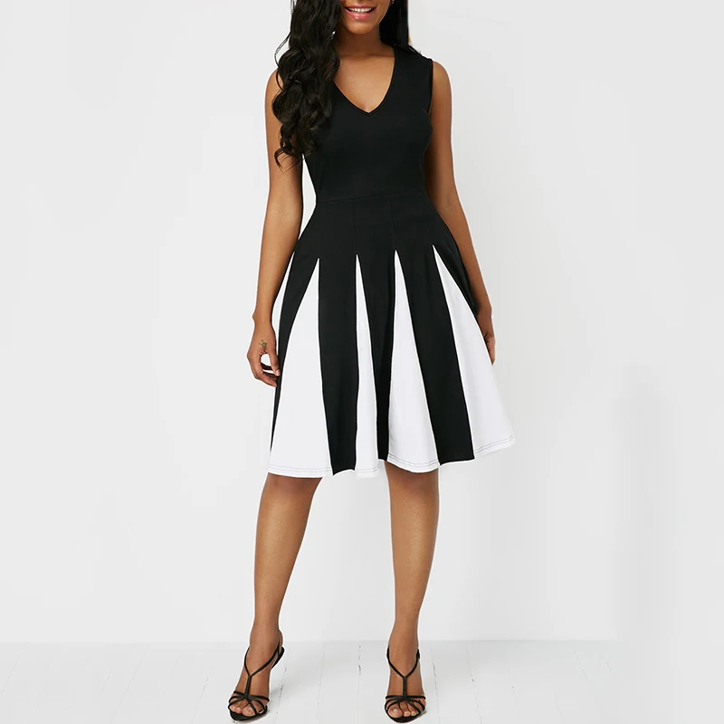 

Women dresses V-neck A-line Knee Length Dress Evening Party business office lady OL work wear summer Sleeveless Dresses elegant