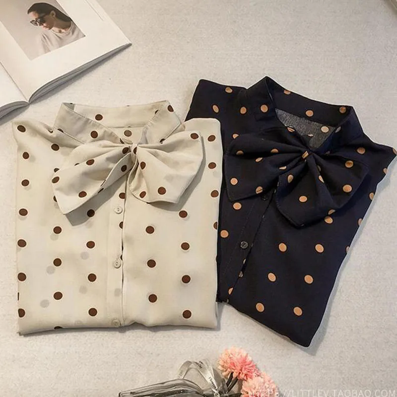 

Summer New Women Elegant Casual Fashion Office Lady Chiffon Blouse Women Long Sleeve Dot Bow Shirts