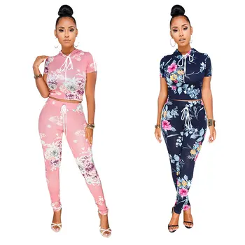 

2018 Women 2 Piece Outfits Floral Printed Short Sleeves Crop Top High Waist Pants Bodycon Casual Set