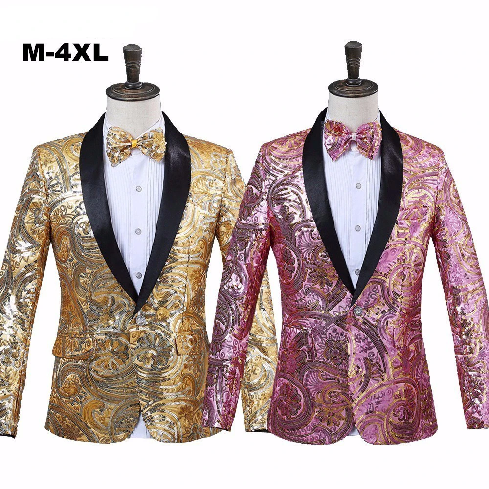 

Loldeal Mens One Button Pink Gold Blazer Sequins Fancy Paillette Blazer Wedding Singer Performance Suit DJ Blazer With Bow Tie