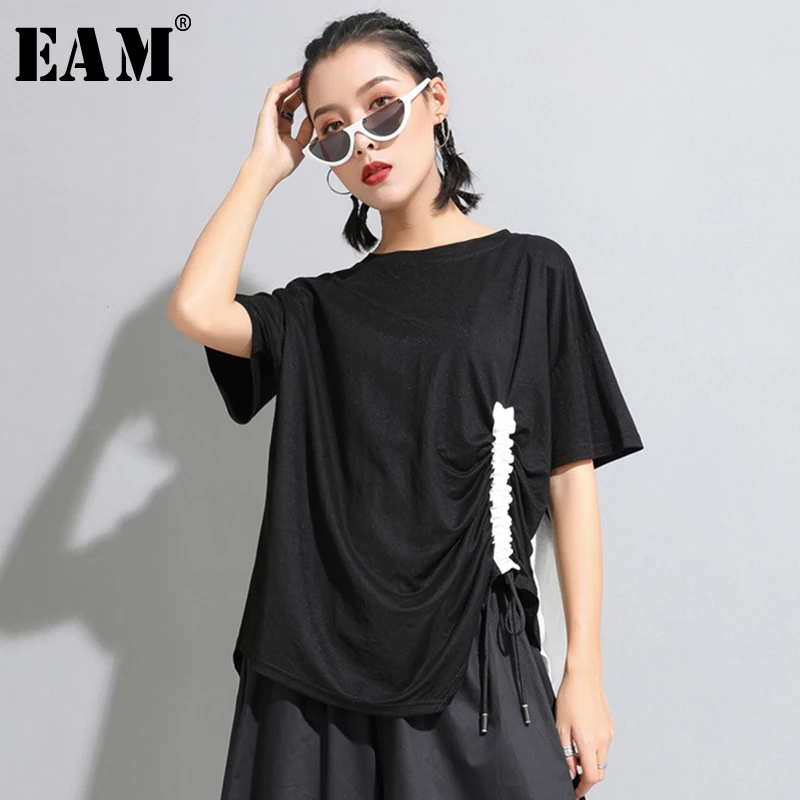 

[EAM] 2019 New Spring Summer Round Neck Short Sleeve Black Hit Color Drawstring Loose Big Size T-shirt Women Fashion Tide JW903