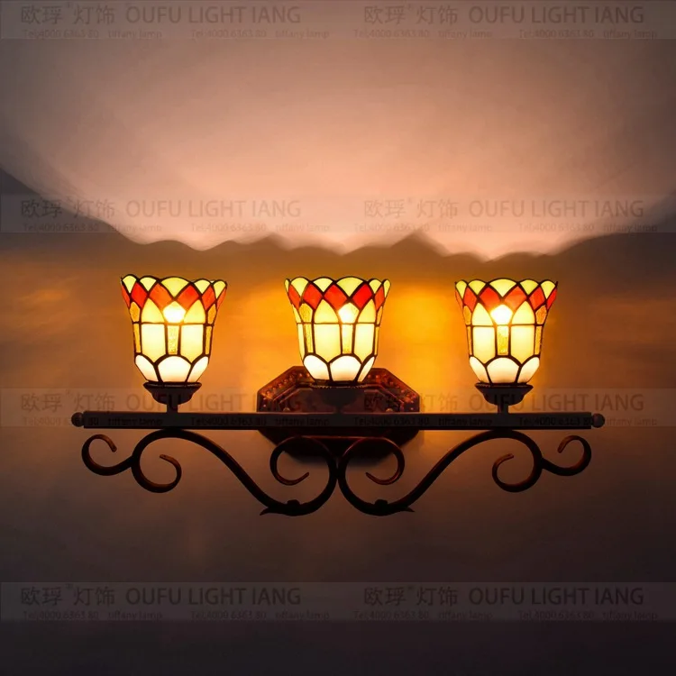

European style three head Tiffany color glass Wall lamp bar restaurant corridor Art Deco AC 110V/220V E27