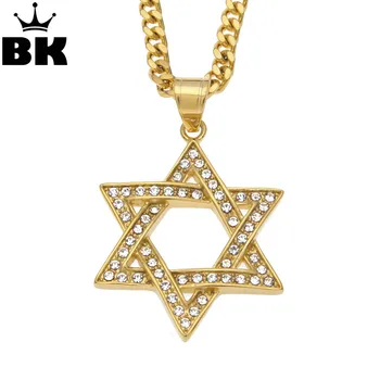 

Star of David Pendant Necklace Stainless Steel Men Necklace Iced Out Rhinestone Hippie Vintage Israel Jewish Hip Hop Jewelry