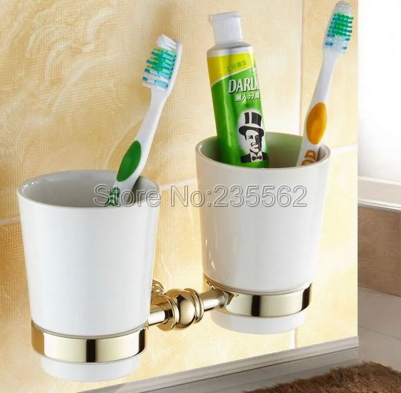 Wall Mounted Bathroom Double Cup Holders Golden Brass Finish Toothbrush