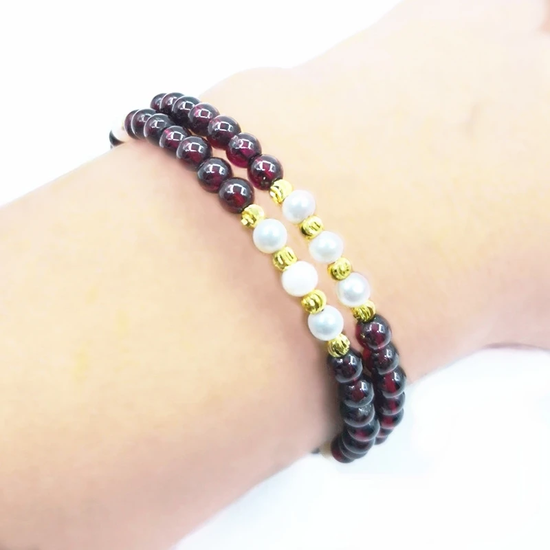 

2018 fashion double layer Natural garnet bracelet memory bounces back gold bracelet adjustable pearl bracelets for women