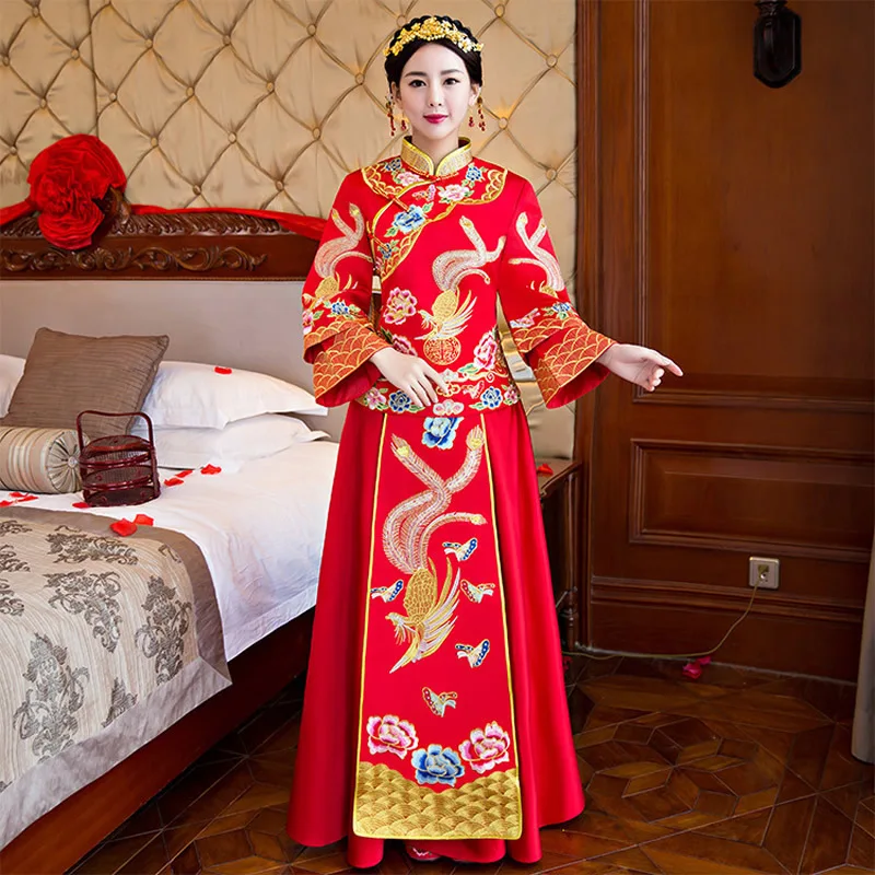 Формальные Китайский Свадебные классические женское платье Феникс Вышивка Винтаж Cheongsam долго Qipao узор восточных невесты традиции