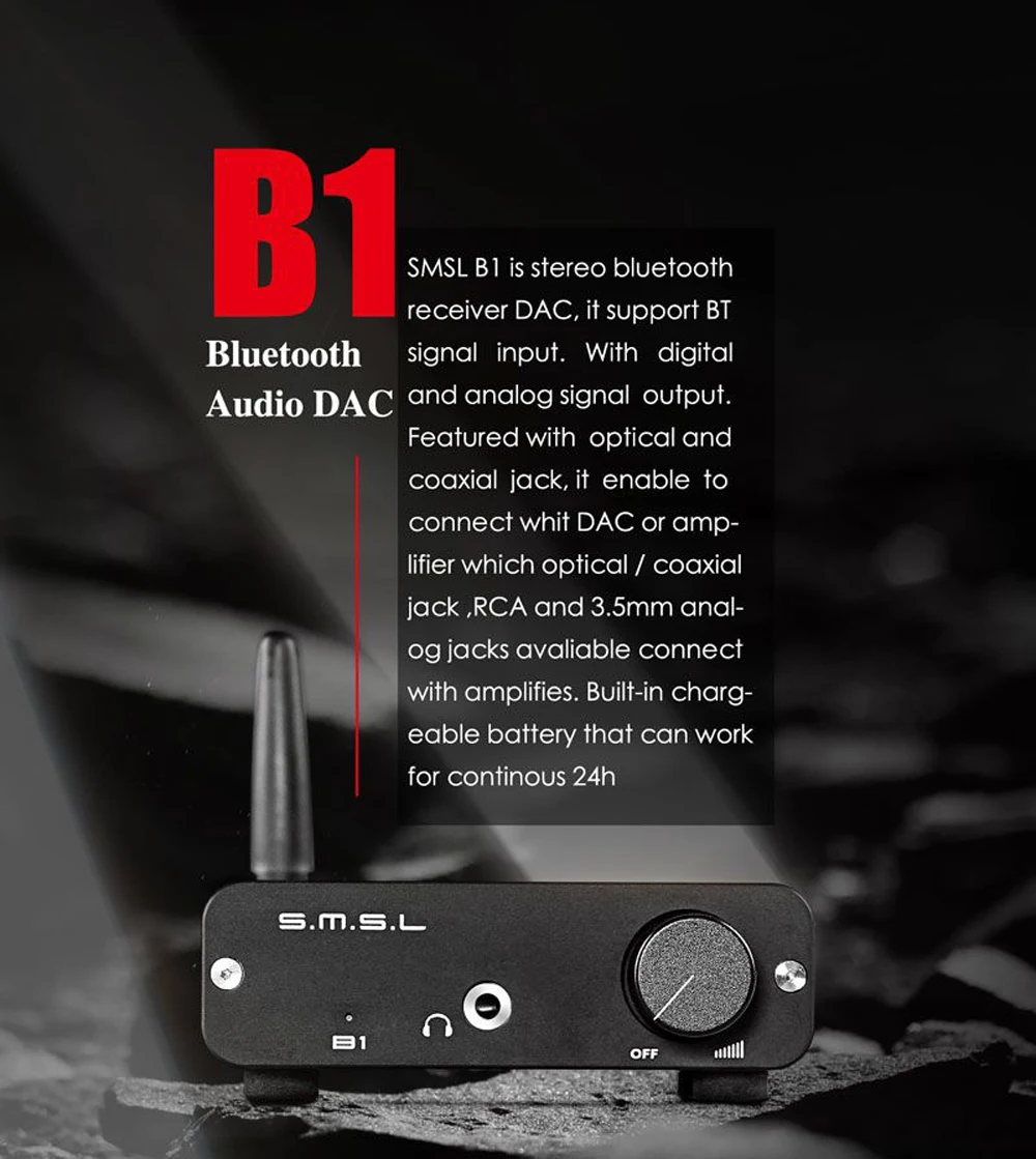 SMSL B1 Hi-Fi стерео аудио Bluetooth DAC приемник NFC оптический коаксиальный DAC цифровой аудио декодер 24 часа Время воспроизведения черный