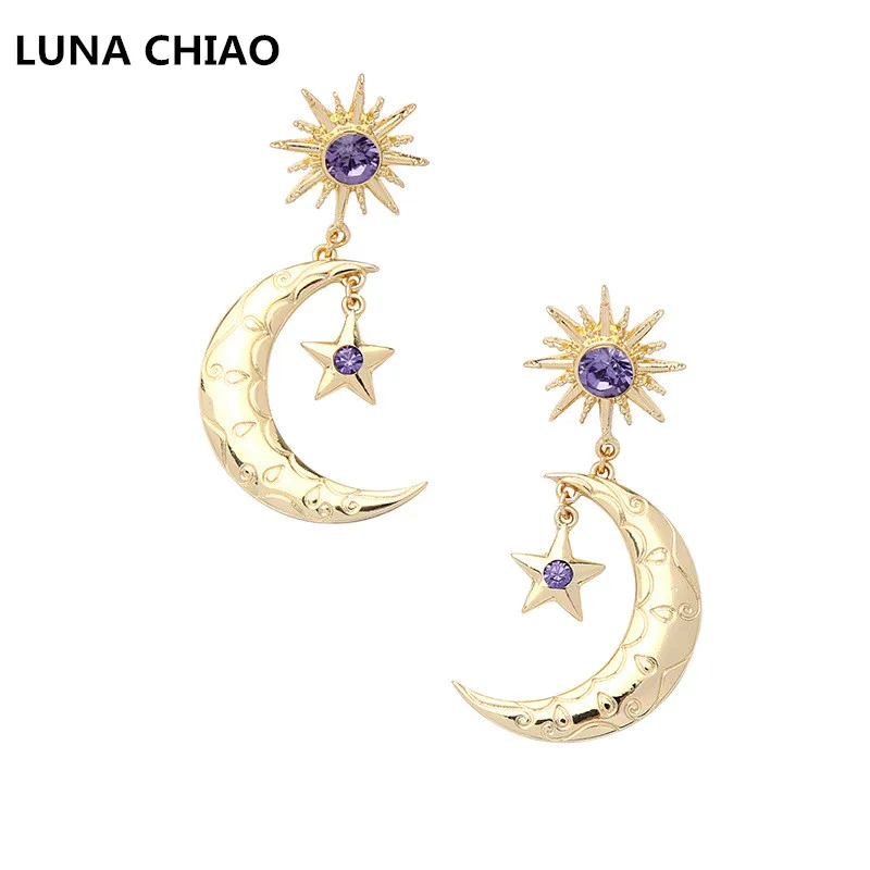 Luna Чао матовая позолота Звезда Луна Дизайн Кристалл падение серьги Модные