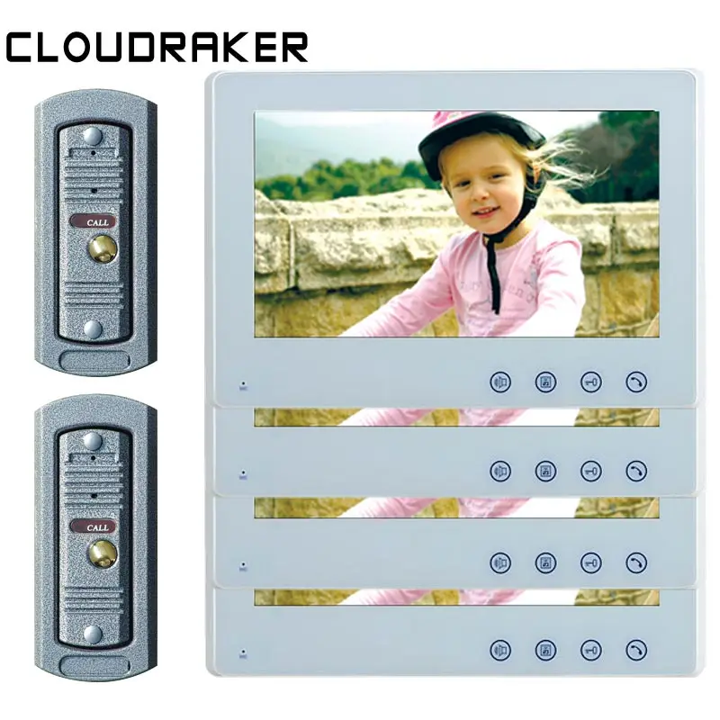 

CLOUDRAKER10'' Big Screen Video Intercom System 4x Monitor with 2x Pinho Wired Video Door Phone Camera IR Unlock