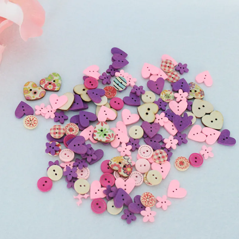 

100pcs DIY 2 holes Wooden Buttons Heart And Round Shape Mix Color Scrapbook Clothes Painting Button Craft Sewing Scrapbooking