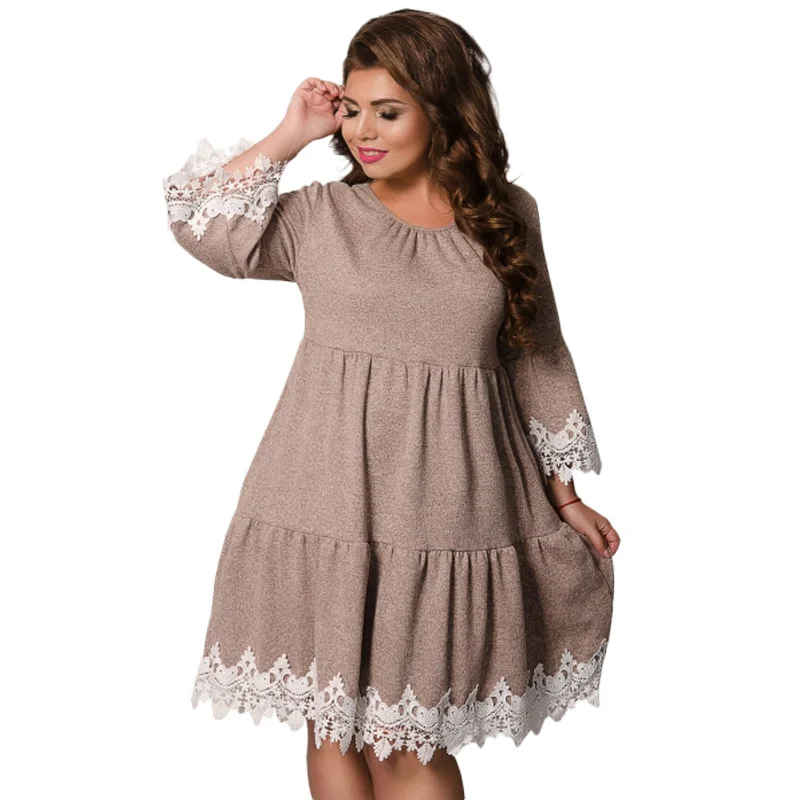 

Casual Lace O-Neck Loose Hollow Dress Knee Length Elegant Pleated Dress Summer 2019 Plus Size Dresses For Women 4XL 5XL 6XL