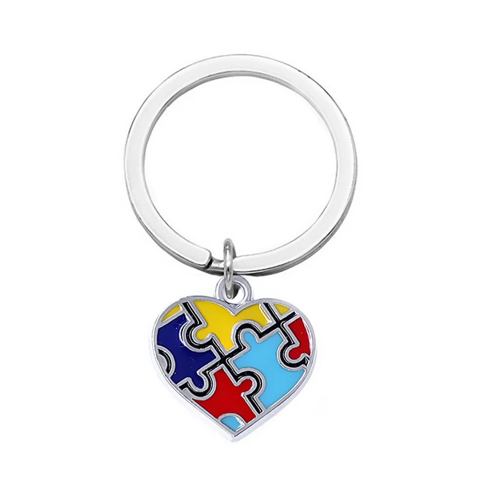 

Delicate heart-shaped autism puzzle alloy pendant key chain colorful manual processing enamel charm gift jewelry keychain