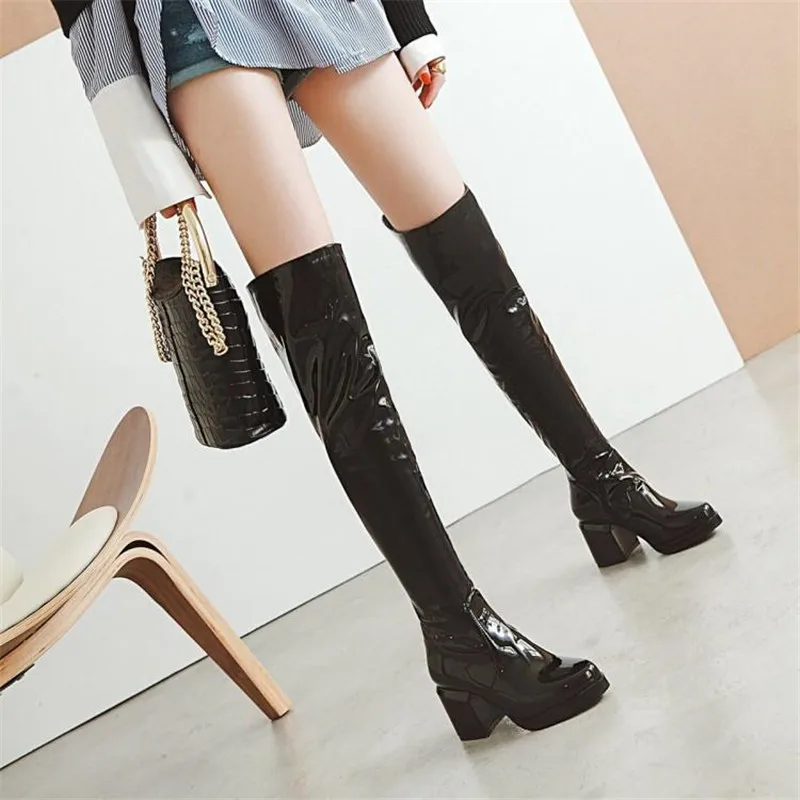 Women High Heels Tall Boots Sexy Patent Leather Platform Pole Dance Boots Pointed Toe Over The Knee Boots For Women Ladies Shoes (12)