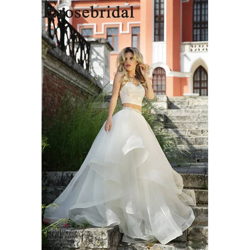 Erosebridal Новое поступление, свадебное платье из двух частей, укороченный топ, платье для невесты без спинки, свадебное Тюлевое гофрированное свадебное платье