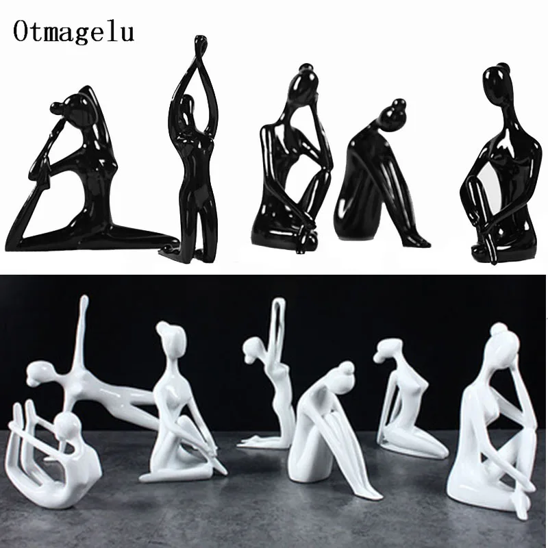 Abstract Art Ceramic Yoga Poses Figurine Porcelain Black White 12 Styles Yoga Lady Figure Statue Yoga Studio Home Decor Ornament