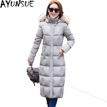 Зимняя женская куртка с большим воротником из меха енота длинные утепленные женские пуховики с капюшоном теплые пуховые пальто парка Mujer ST551