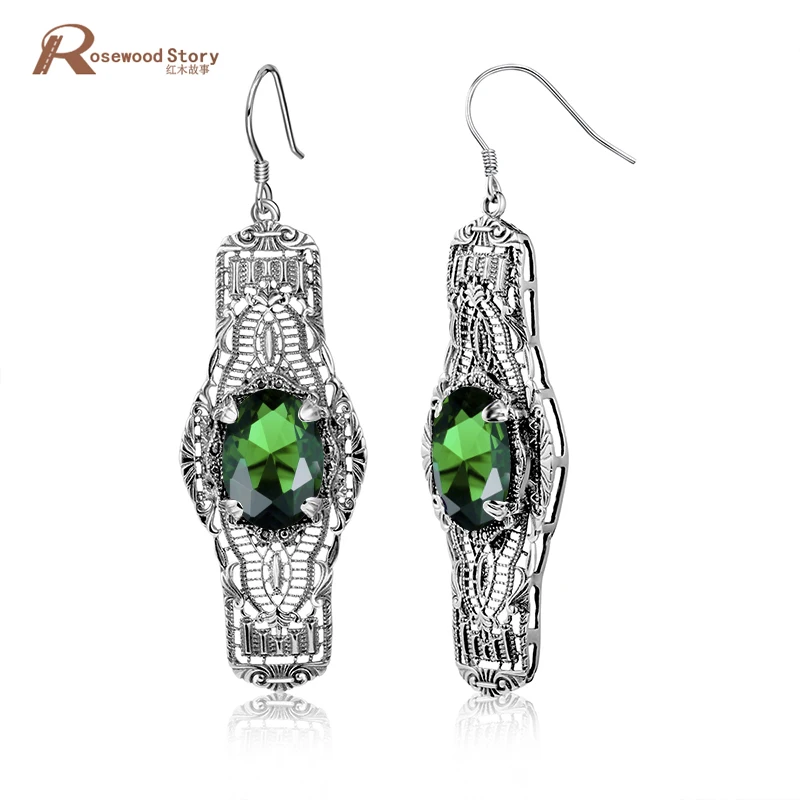 

Charm Vintage Real 925 Sterling Silver Earrings For Women Green Stone Crystal Long Dangling Hollow Design Brincos Fine Jewelry