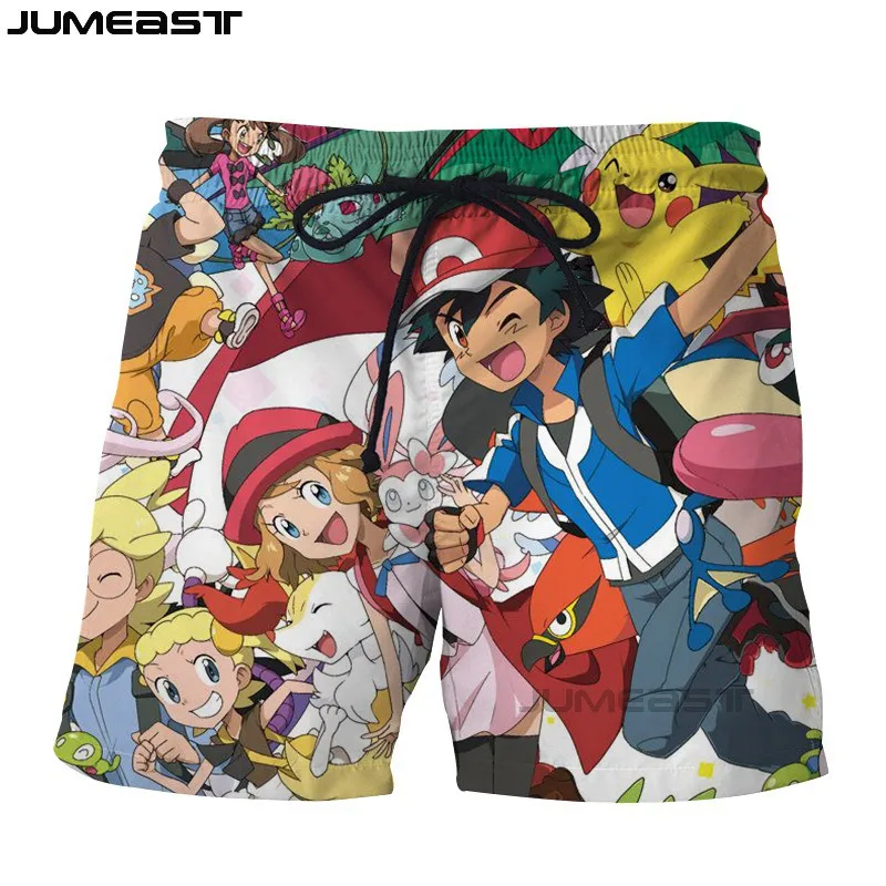 Бренд Jumeast, мужские/женские шорты с 3D рисунком покемона Пикачу, летние быстросохнущие пляжные повседневные спортивные штаны, короткие штаны