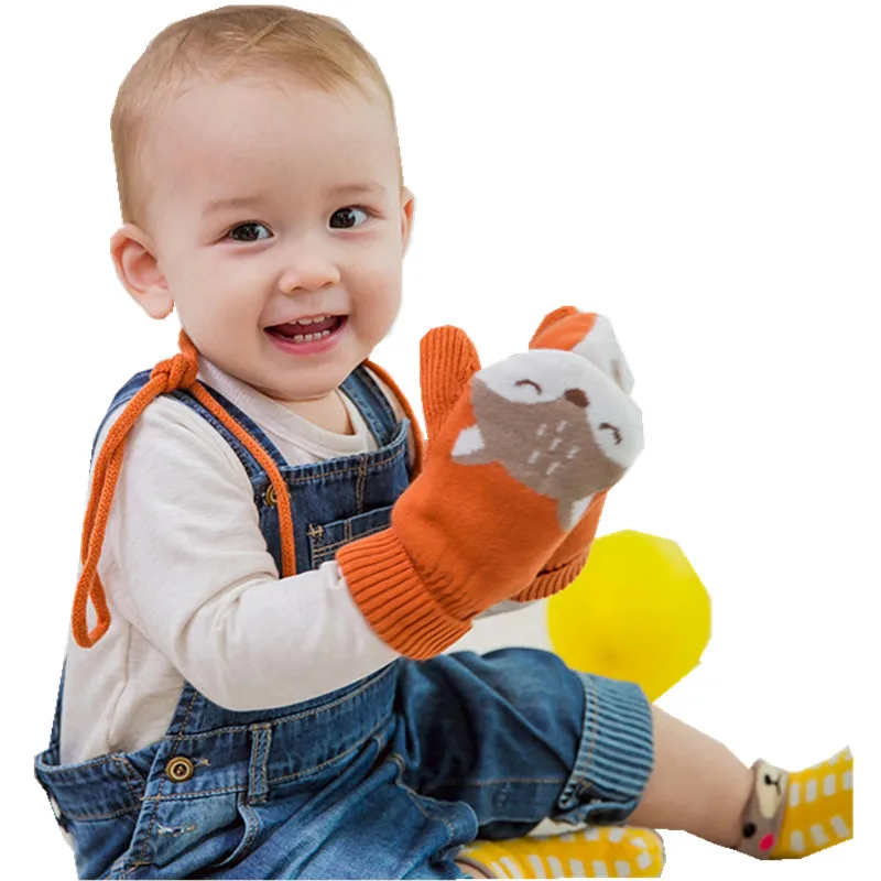 New Arrival Winter Boys Girls Knitted Cute Cartoon Fox Gloves Warm Rope