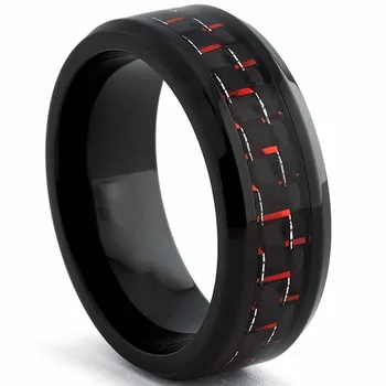 

Engagement Rings for Men 8mm Black Tungsten Ring Black and Red Carbon Fiber Inlay Step Wedding Bands Mens Jewelry