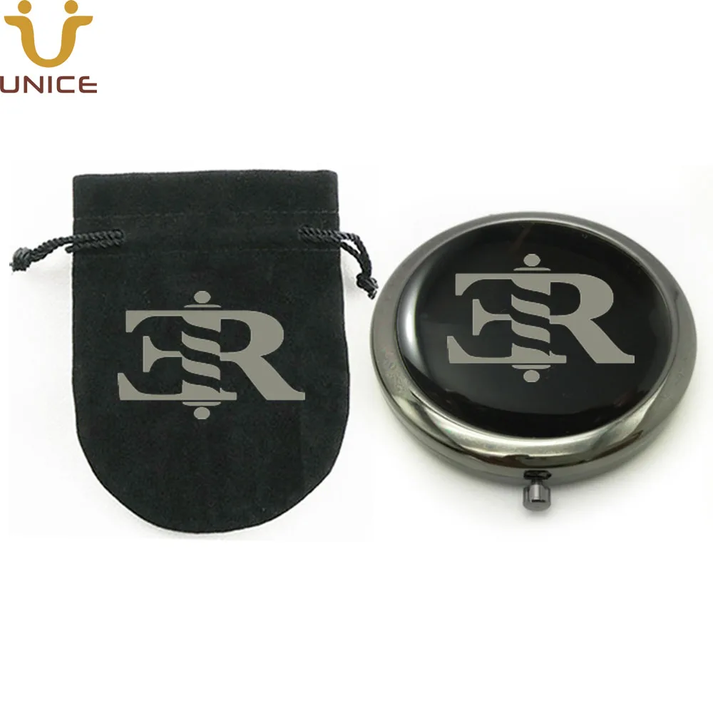 

100pcs/lot Custom Your Logo Black Color Pocket Cosmetic Compact Mirror & Customized Velvet Bag Girls Handbag Purse Mirror 70