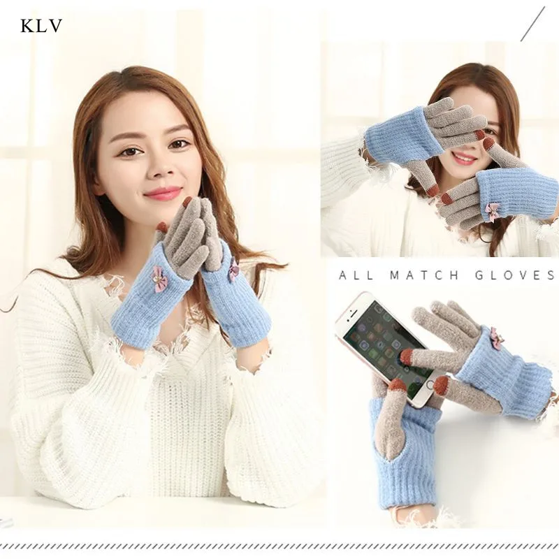 KLV/2018 новые модные женские туфли зимние вязать Magic 2 пальца Сенсорный экран перчатки варежки полный палец бантом высокое качество