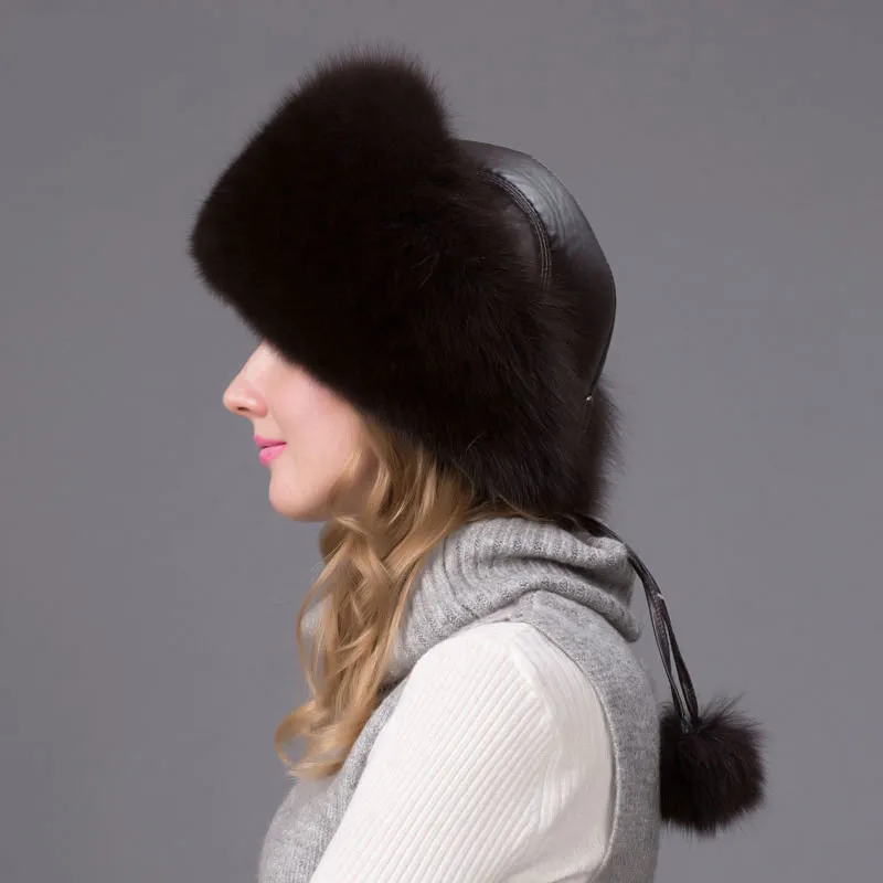 Зимняя вязаная шапка из натурального Лисьего меха, настоящая кожаная кепка, шапка из меха енота, Женская осенне-зимняя русская Выходная шляпа, HJL-02 - Цвет: H