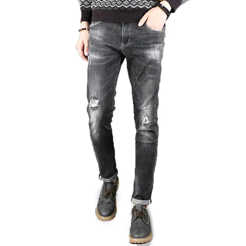 Washed Faded Grey Ripped Jeans for Men Tapered Denim Trousers with