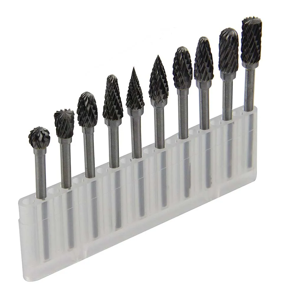 

10pcs 1/8" Shank Tungsten Solid Carbide Rotary Files Diamond Burrs Set Rotary Tool for Woodworking Drilling Carving Engraving