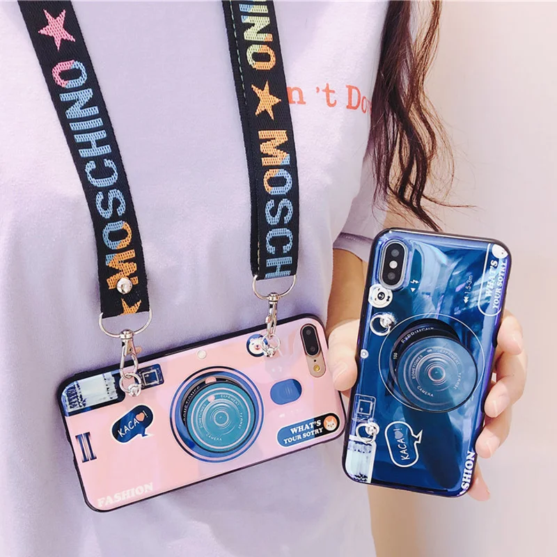 

3D Camera case for huawei honor 8S 8X 7S 7X retro style soft tpu cover coque Lanyard stand holder cases for honor 8X max
