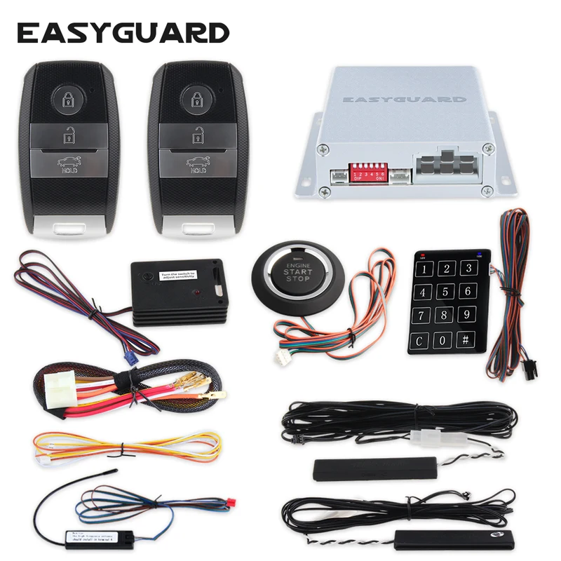 Easyguard Smart key keyless go car alarm system remote engine start push button start touch password entry DC12V