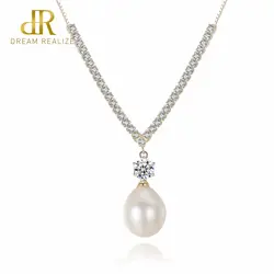 DR чистого серебра 925 Цепочки и ожерелья Для женщин естественный пресноводный жемчуг милая, стильная Сияющий Золотой Цвет цепочка с кулоном
