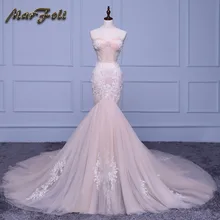 Marfoli Luxury Mermaid Wedding Dresses 2018 With float and Lace Customize Back Zipper Bridal Gown Train Vestidos De Noiva JM002