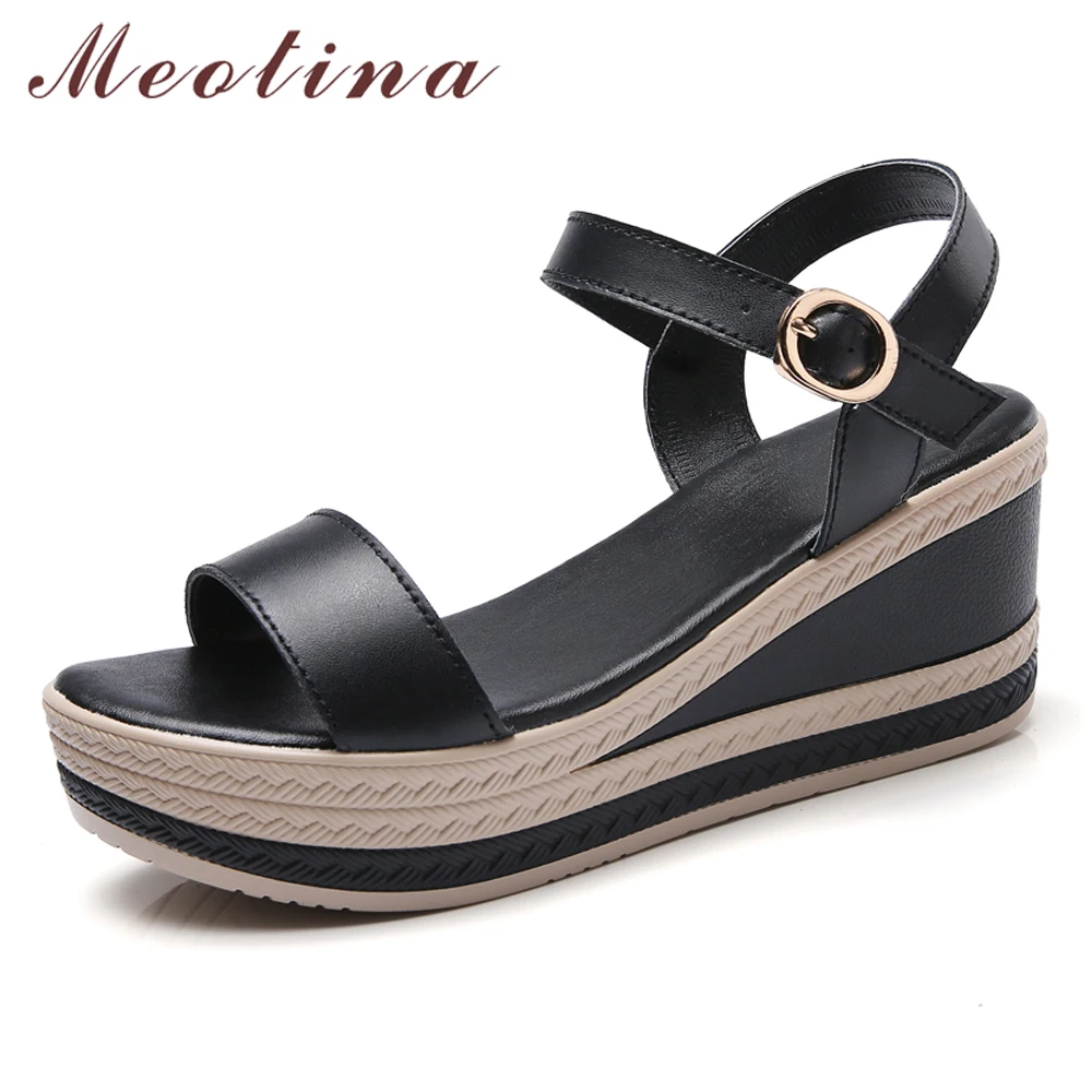 

Meotina Women Sandals Summer Shoes Cow Leather Platform Wedges Heel Buckle Open Toe High Heel Casual Shoes Lady Sandals Size 5-9