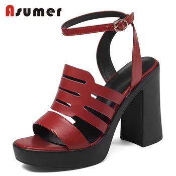 

ASUMER 2020 fashion new arrivals shoes woman genuine leather square high heels platform shoes gladiator sandals women