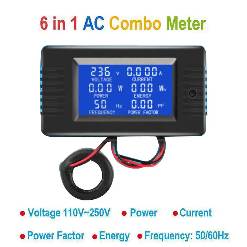 AC 6in1 monitor 110V 220V 5A/10A/100A Voltage Current Power Factor KWH Frequency meter | Электронные компоненты и